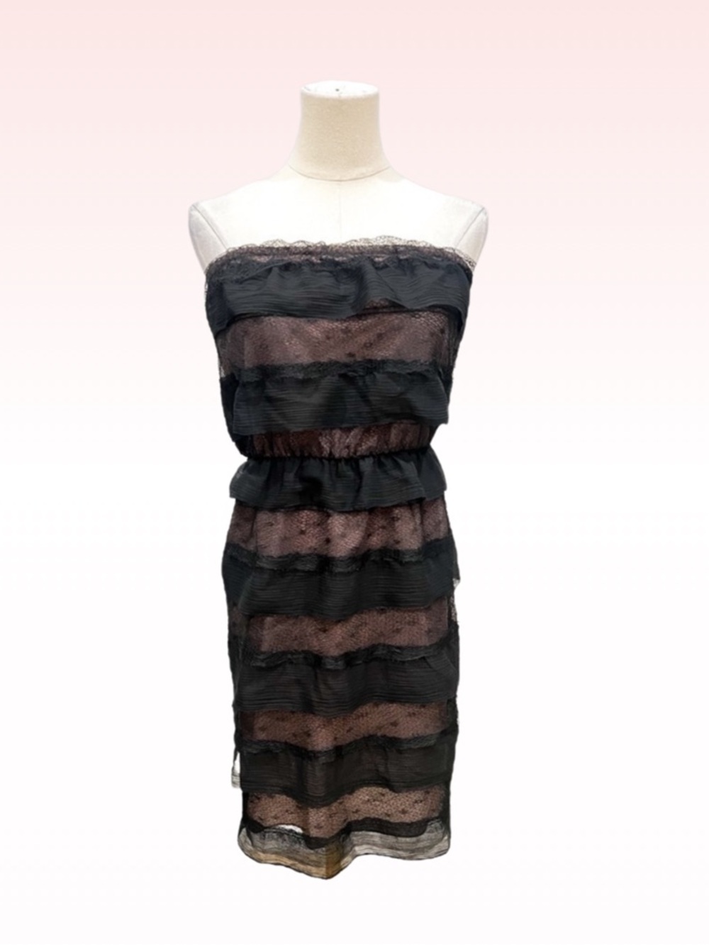 BCBGMAXAZRIA Black Lace Ruffle Strapless Mini Dress (Sz 2)